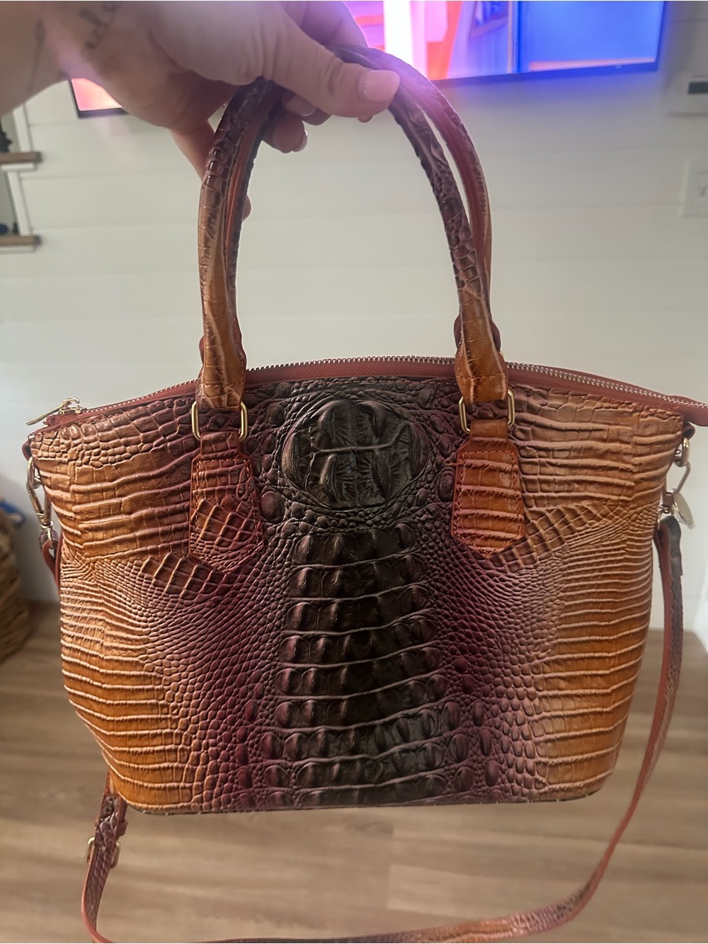 Croc-Embossed Gradient Leather Satchel – Brown & Burgundy
